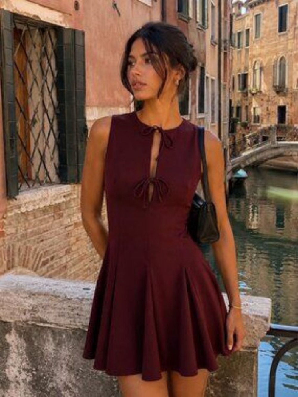 NWOT Zara Short Dress with Bows and Godet Hem Burgundy Women’s Size Medium